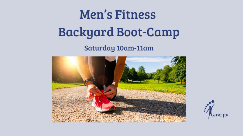 The heading, "men's fitness backyard boot-camp. Saturday 10am- 11am" Along with a photograph of sunny park and a man tying sports shoes.