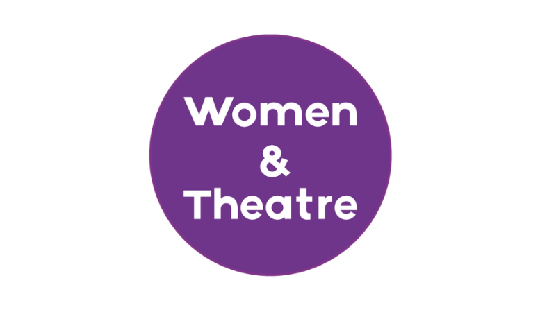 Purple circle with Women & Theatre written withing it,