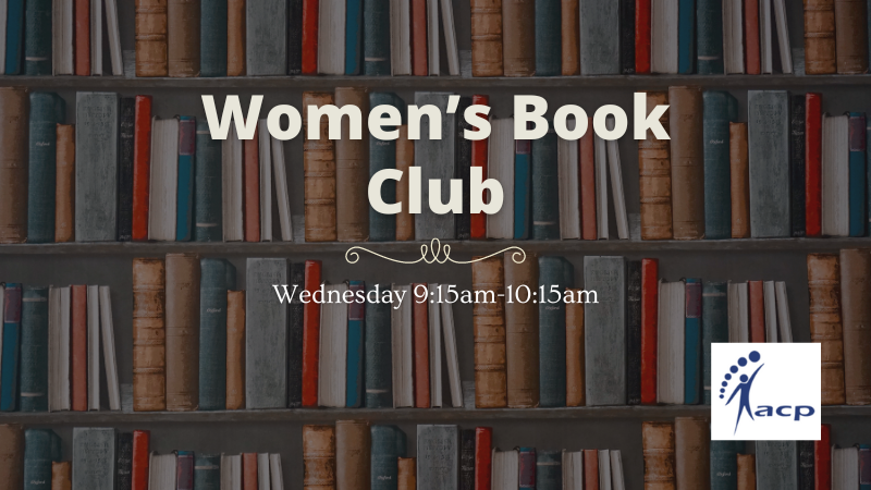 A background of shelves filled with books. Text in front reading, "women's book club, Wednesday 9:15am-10:15am"